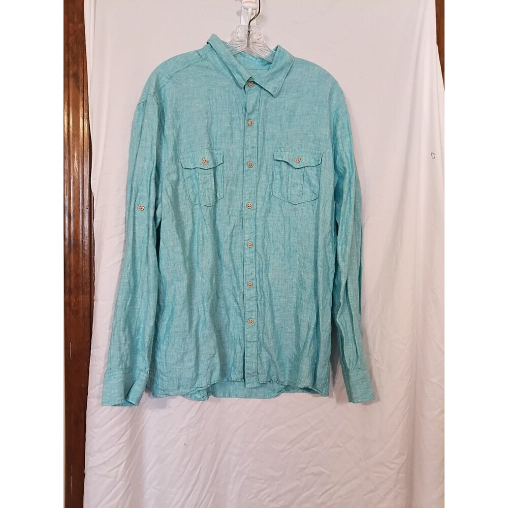 Men's Ocean Coast L/S Glacier Blue Linen Roll Tab Sleeve Button Down. XL